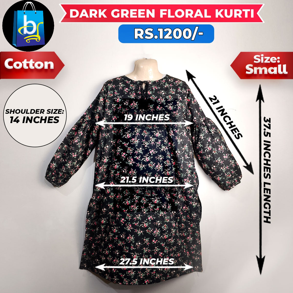 Dark Green Floral Ladies Cotton Kurti-Small