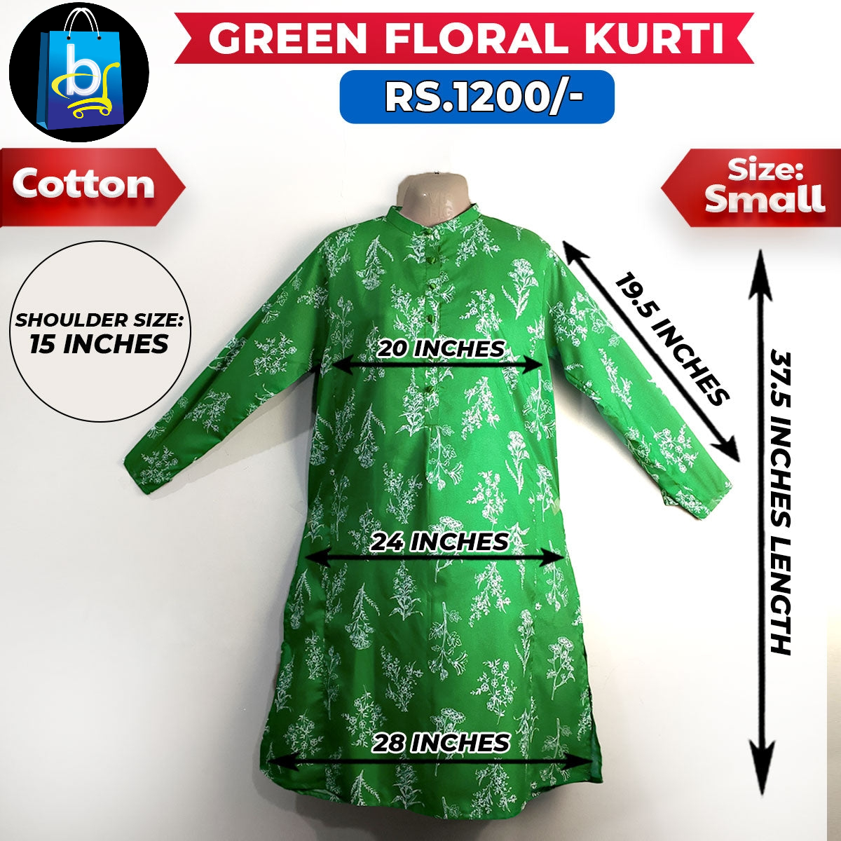 Green Floral Ladies Cotton Kurti-Small