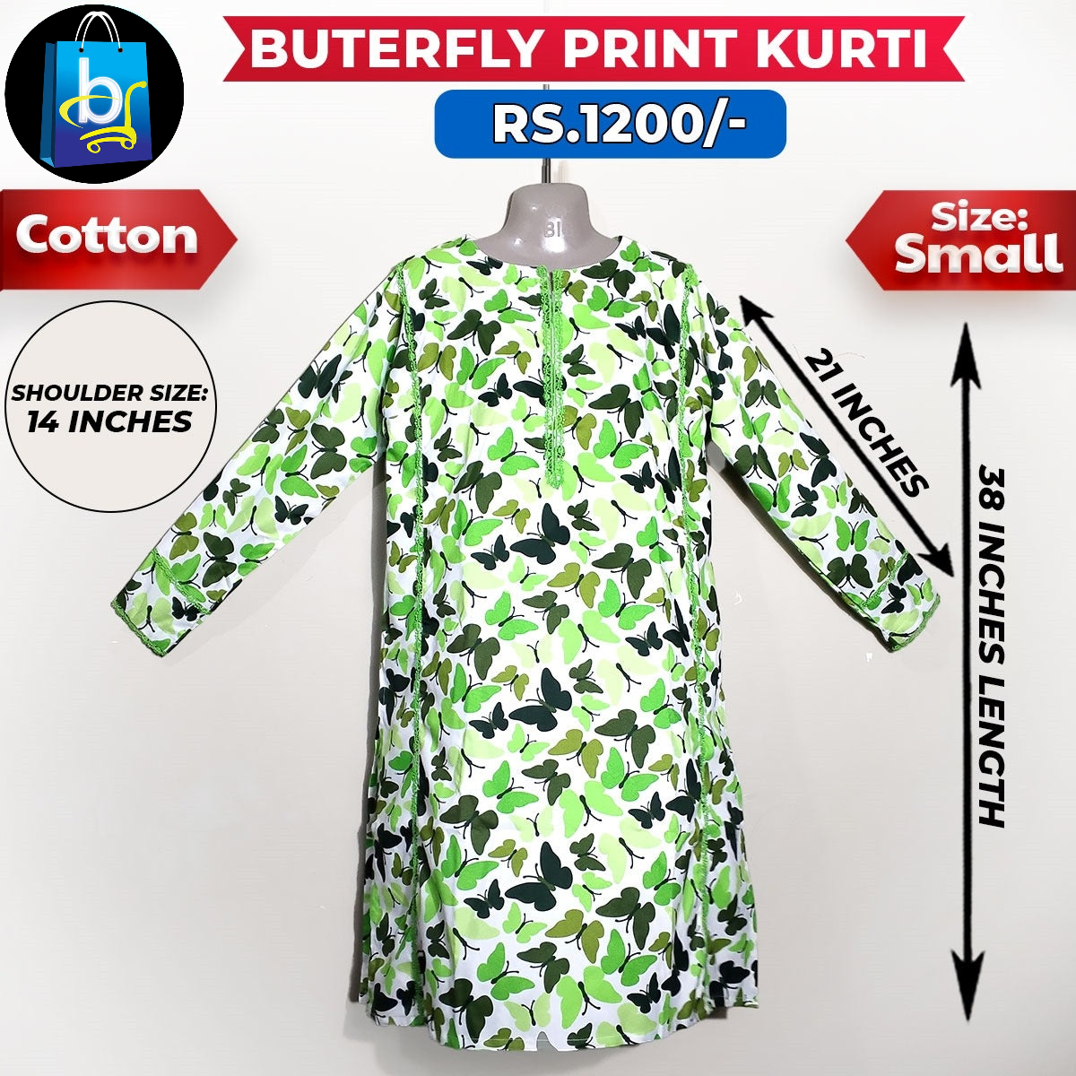 Butterfly Print Ladies Cotton Kurti - Small