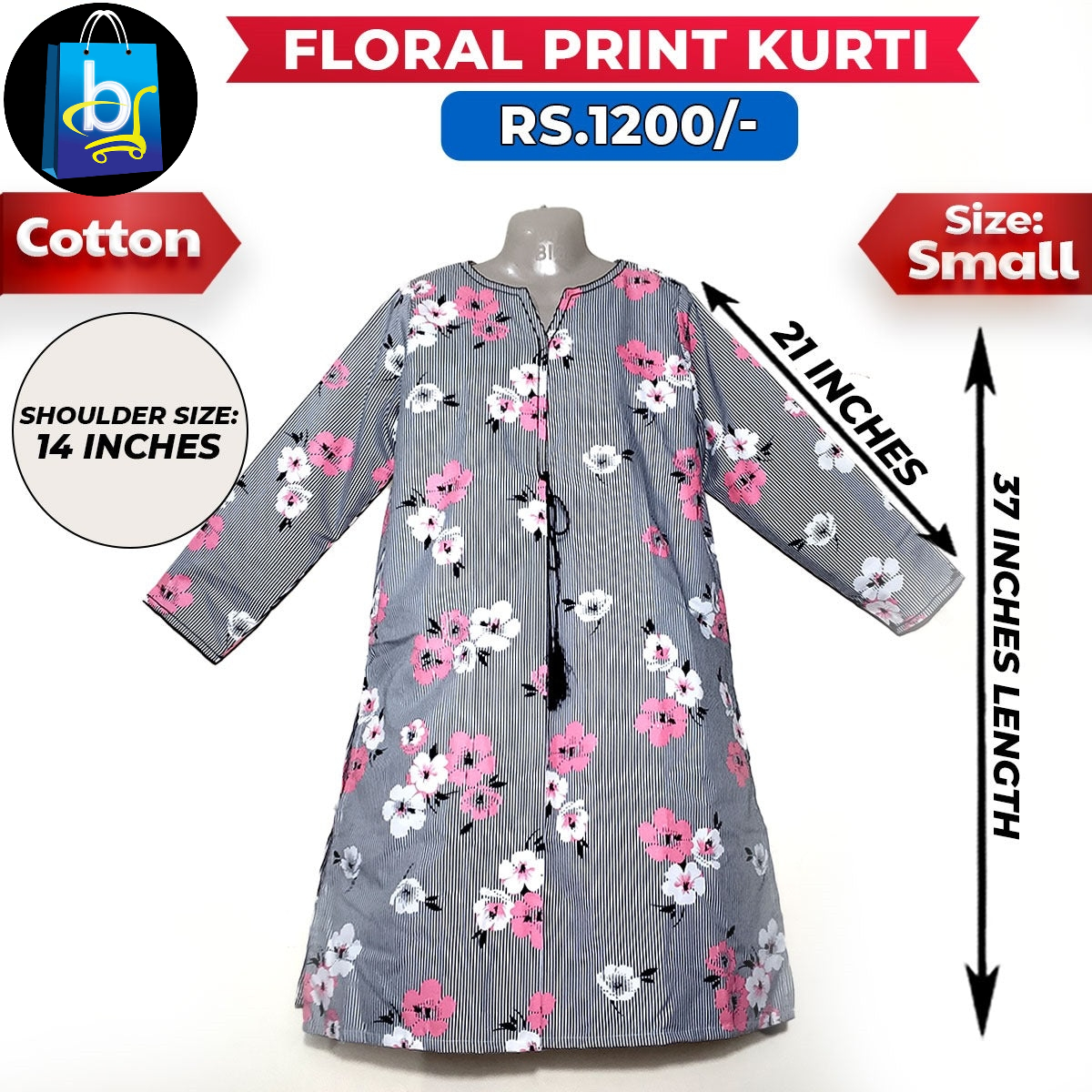 Floral Print Ladies Cotton Kurti - Small