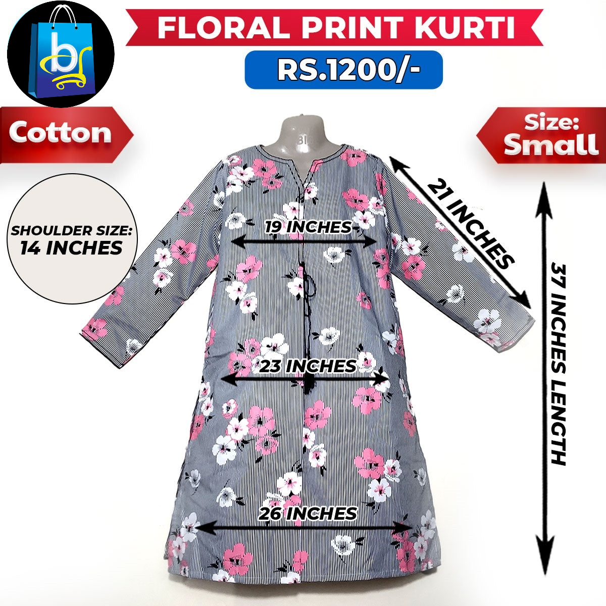 Floral Print Ladies Cotton Kurti - Small