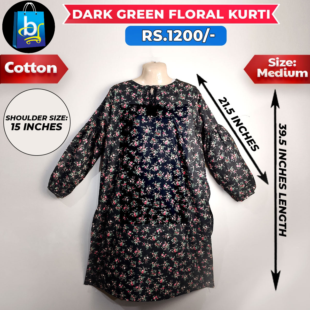 Dark Green Floral Ladies Cotton Kurti-Medium