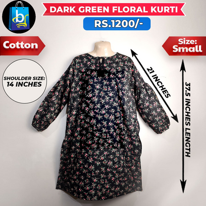 Dark Green Floral Ladies Cotton Kurti-Small