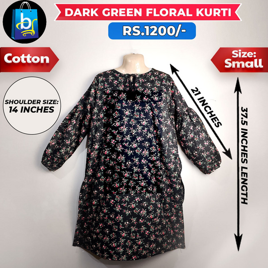 Dark Green Floral Ladies Cotton Kurti-Small