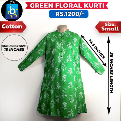 Green Floral Ladies Cotton Kurti-Small
