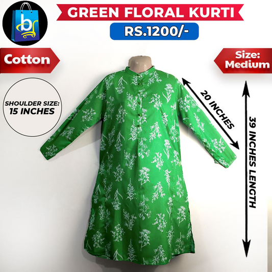 Green Floral Ladies Cotton Kurti-Medium