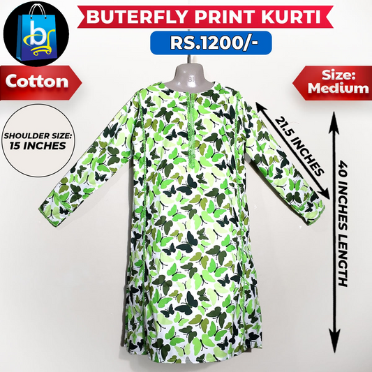 Butterfly Print Ladies Cotton Kurti - Medium