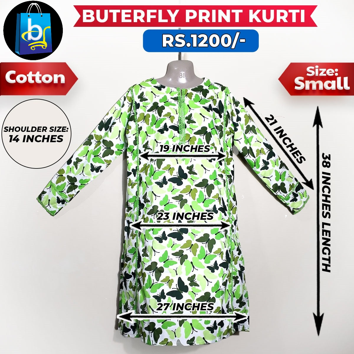 Butterfly Print Ladies Cotton Kurti - Small