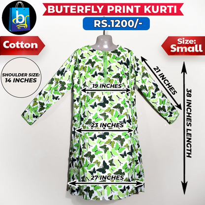 Butterfly Print Ladies Cotton Kurti - Small