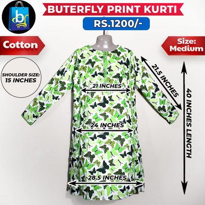 Butterfly Print Ladies Cotton Kurti - Medium