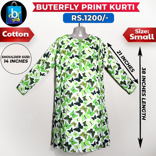 Butterfly Print Ladies Cotton Kurti - Small