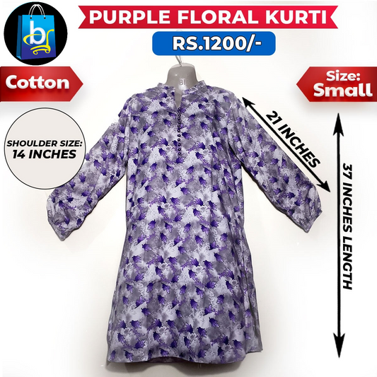 Purple Floral Ladies Cotton Kurti - Small