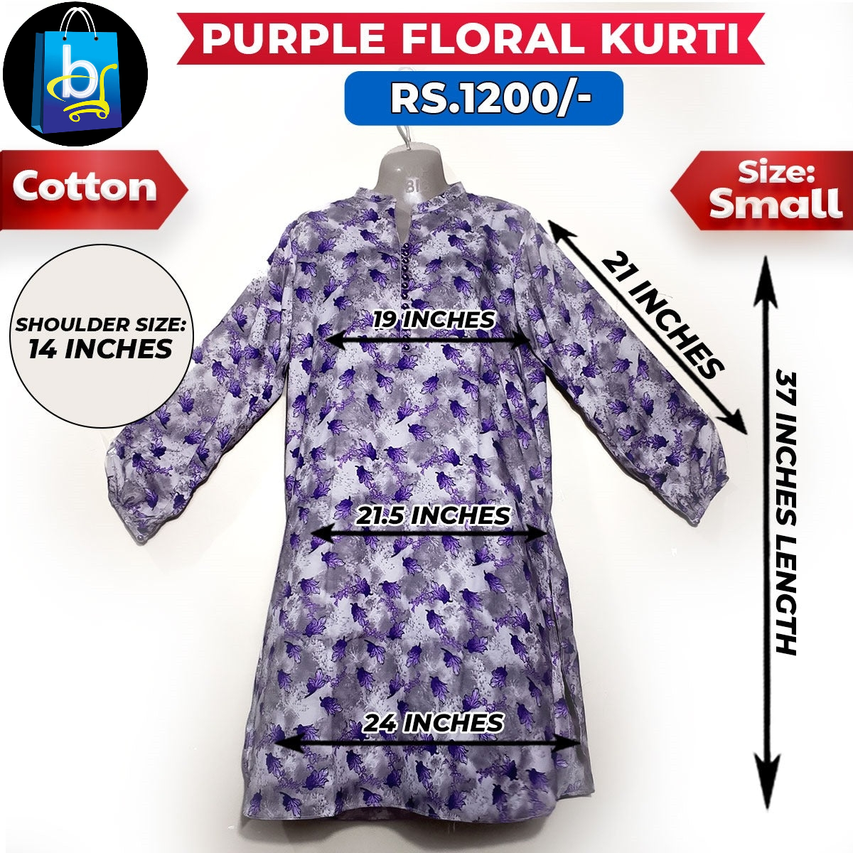 Purple Floral Ladies Cotton Kurti - Small