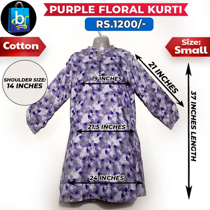 Purple Floral Ladies Cotton Kurti - Small