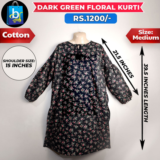 Dark Green Floral Ladies Cotton Kurti-Medium